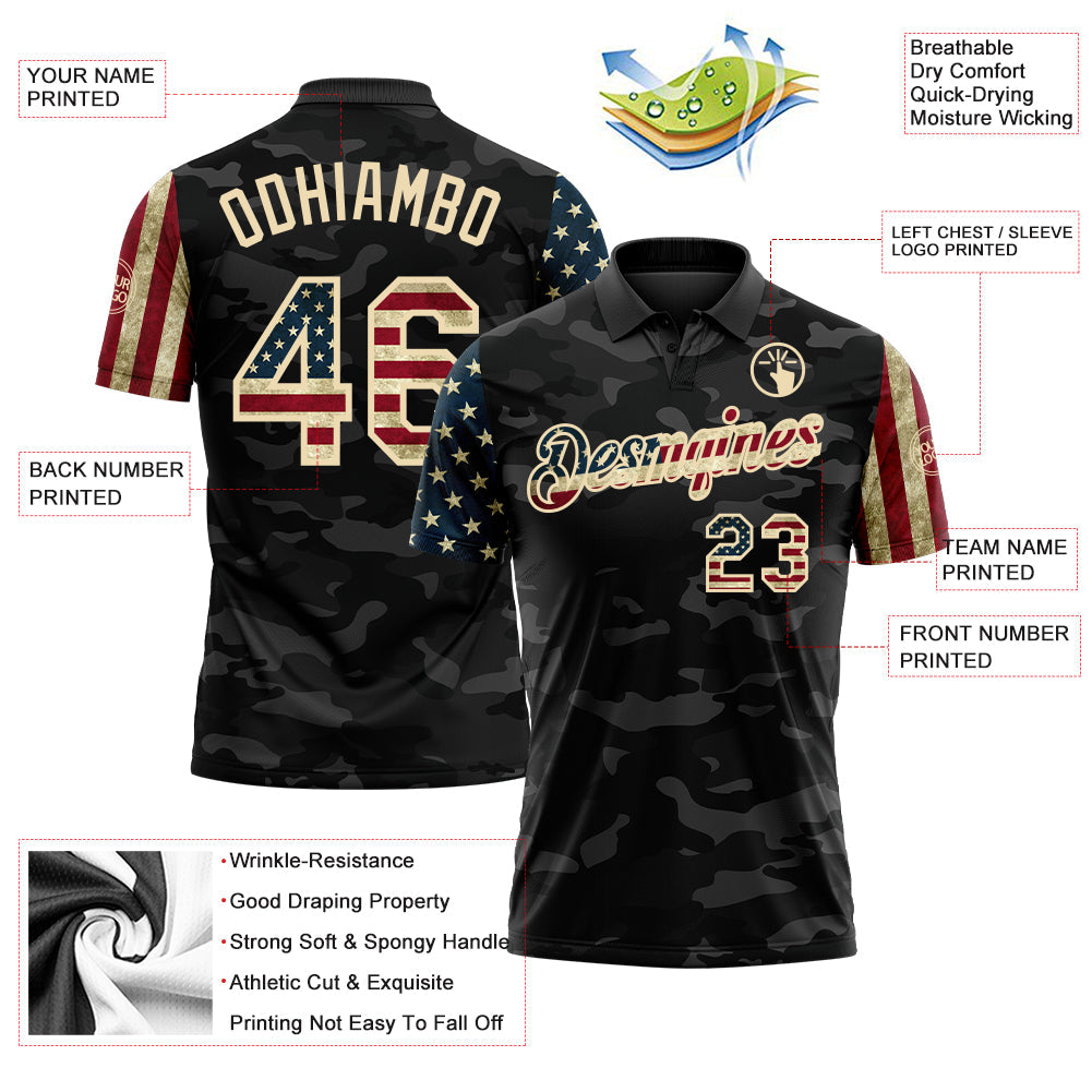 Custom Camo Vintage USA Flag Cream-Black Stars & Stripes Two Tone Salute To Service Patriotic Performance Polo Shirt