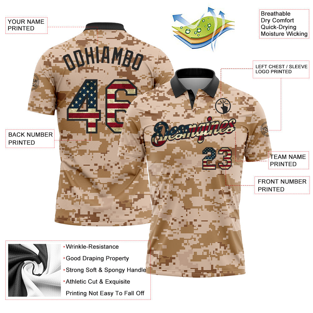 Custom Camo Vintage USA Flag-Black Patriotic Desert Camouflage Performance Polo Shirt