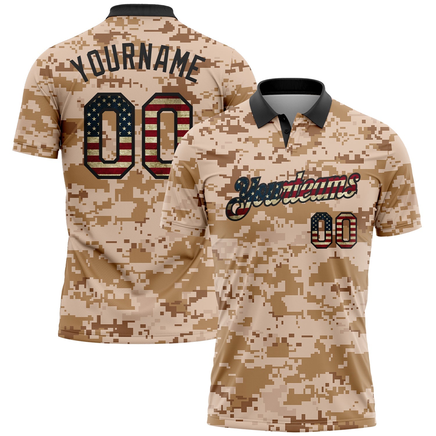 Custom Camo Vintage USA Flag-Black Patriotic Desert Camouflage Performance Polo Shirt