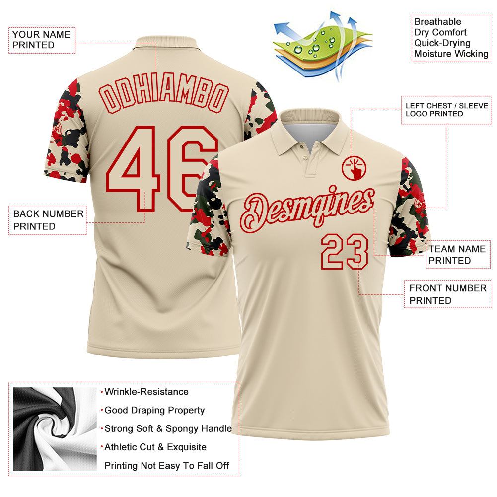 Custom Cream-Red Camo Two Tone Performance Polo Shirt