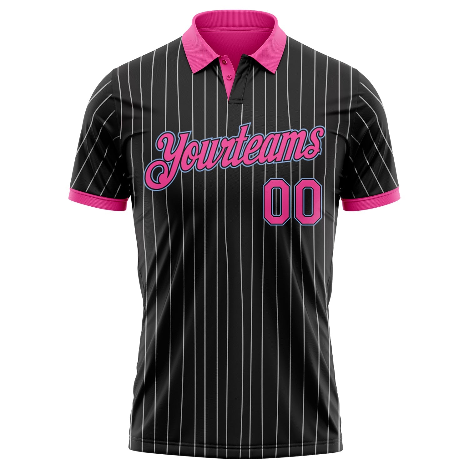 Custom Black White Pinstripe Pink-Light Blue Performance Polo Shirt