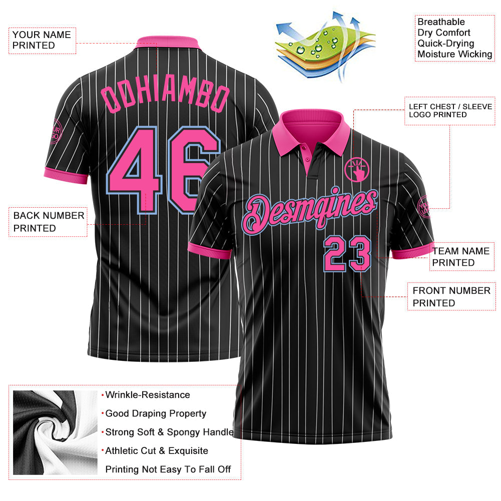 Custom Black White Pinstripe Pink-Light Blue Performance Polo Shirt