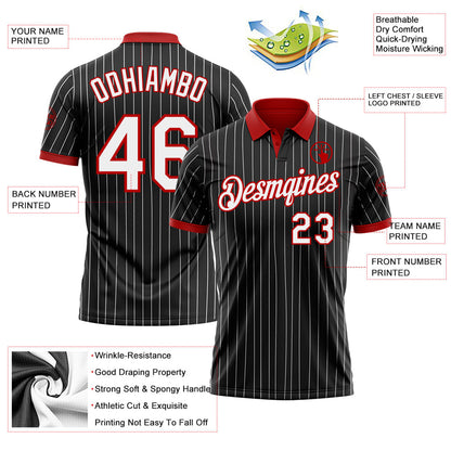 Custom Black White Pinstripe-Red Performance Polo Shirt