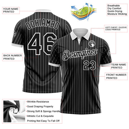 Custom Black White Pinstripe-White Performance Polo Shirt