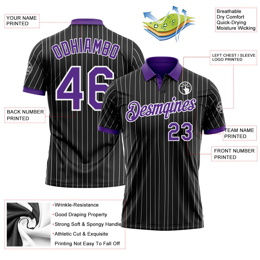 Custom Black White Pinstripe-Purple Performance Polo Shirt