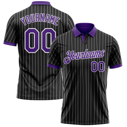 Custom Black White Pinstripe-Purple Performance Polo Shirt