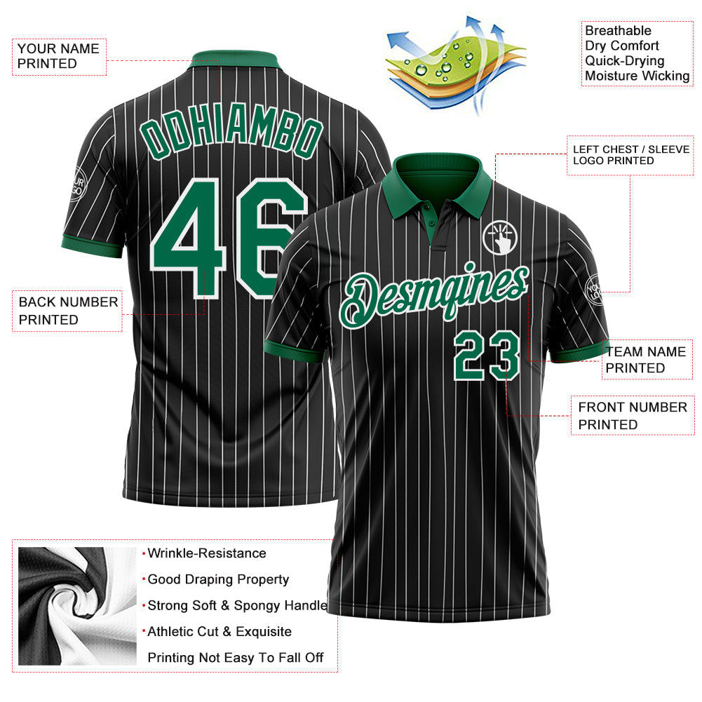 Custom Black White Pinstripe-Kelly Green Performance Polo Shirt