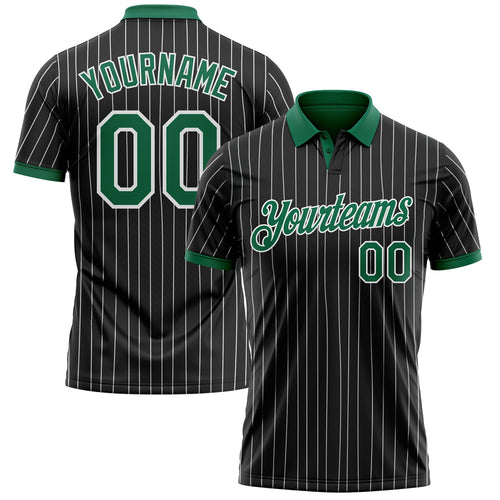 Custom Black White Pinstripe-Kelly Green Performance Polo Shirt