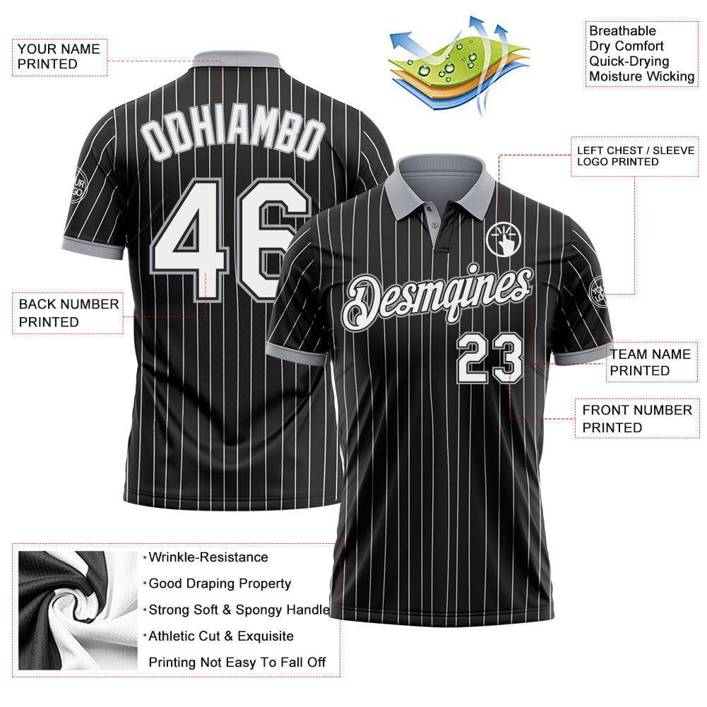 Custom Black White Pinstripe-Gray Performance Polo Shirt