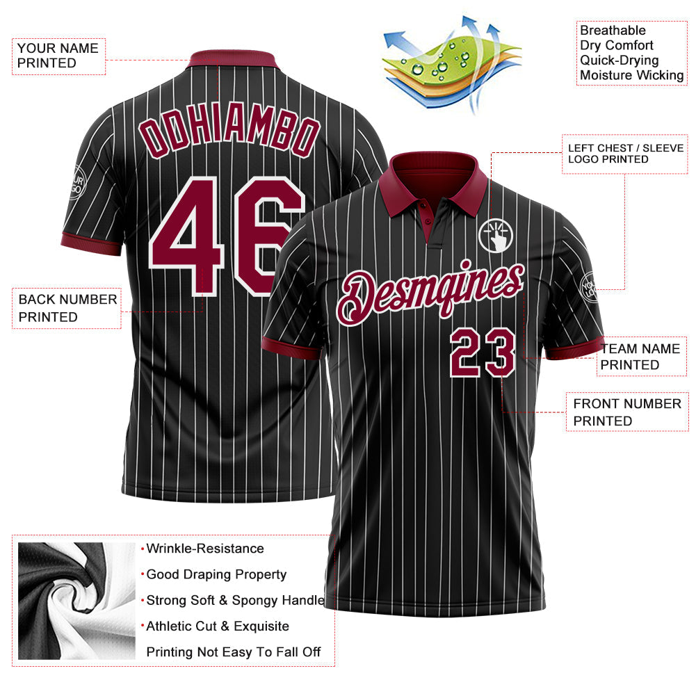 Custom Black White Pinstripe-Crimson Performance Polo Shirt