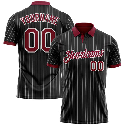 Custom Black White Pinstripe-Crimson Performance Polo Shirt