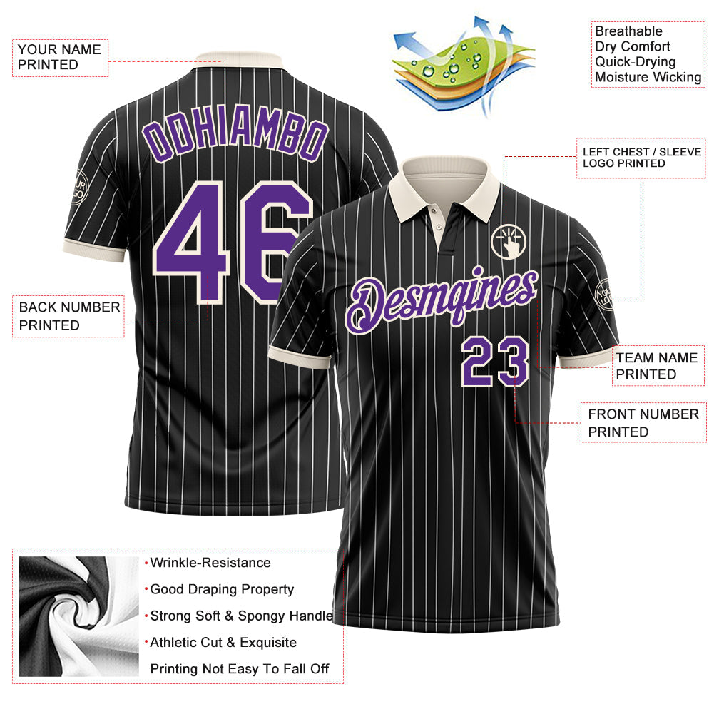 Custom Black White Pinstripe Purple-Cream Performance Polo Shirt