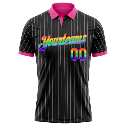 Custom Black White Pinstripe Rainbow-Pink Performance Polo Shirt
