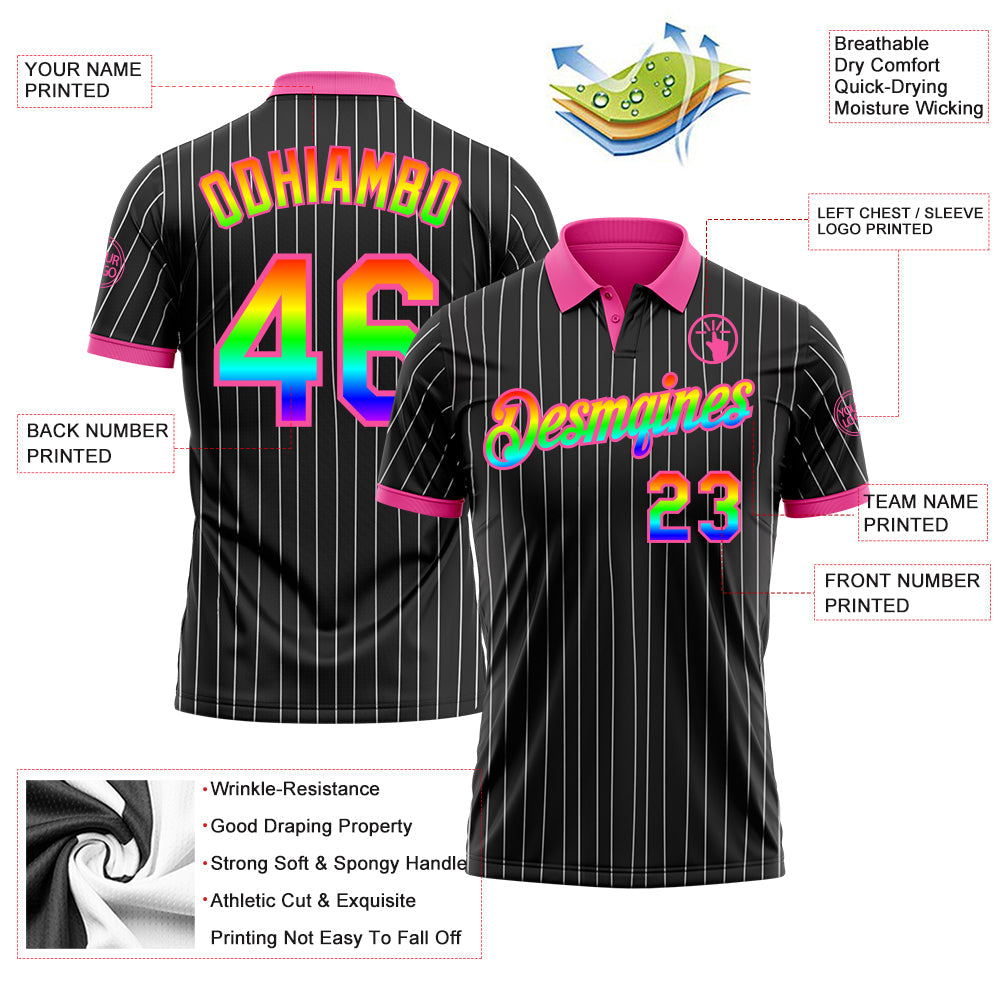 Custom Black White Pinstripe Rainbow-Pink Performance Polo Shirt