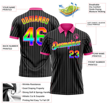 Custom Black White Pinstripe Rainbow-Pink Performance Polo Shirt