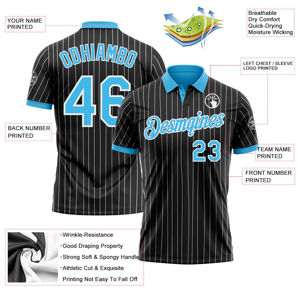 Custom Black White Pinstripe-Sky Blue Performance Polo Shirt