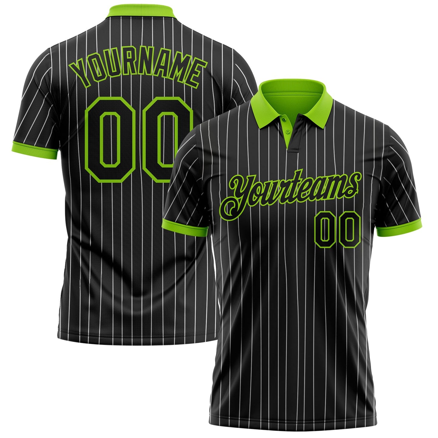 Custom Black White Pinstripe-Neon Green Performance Polo Shirt