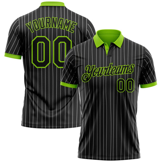 Custom Black White Pinstripe-Neon Green Performance Polo Shirt