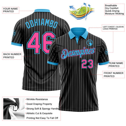 Custom Black White Pinstripe Pink-Sky Blue Performance Polo Shirt