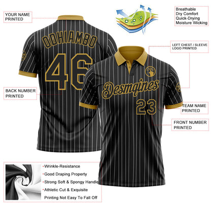 Custom Black White Pinstripe-Old Gold Performance Polo Shirt
