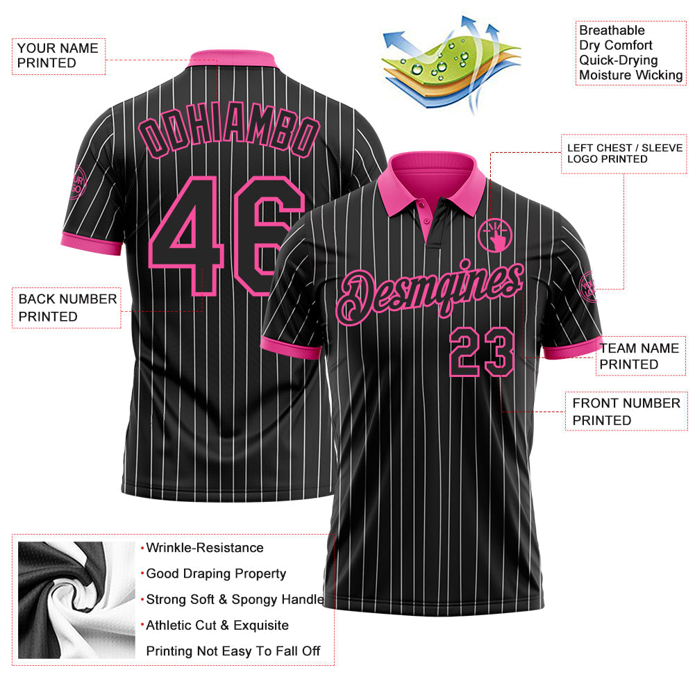 Custom Black White Pinstripe-Pink Performance Polo Shirt