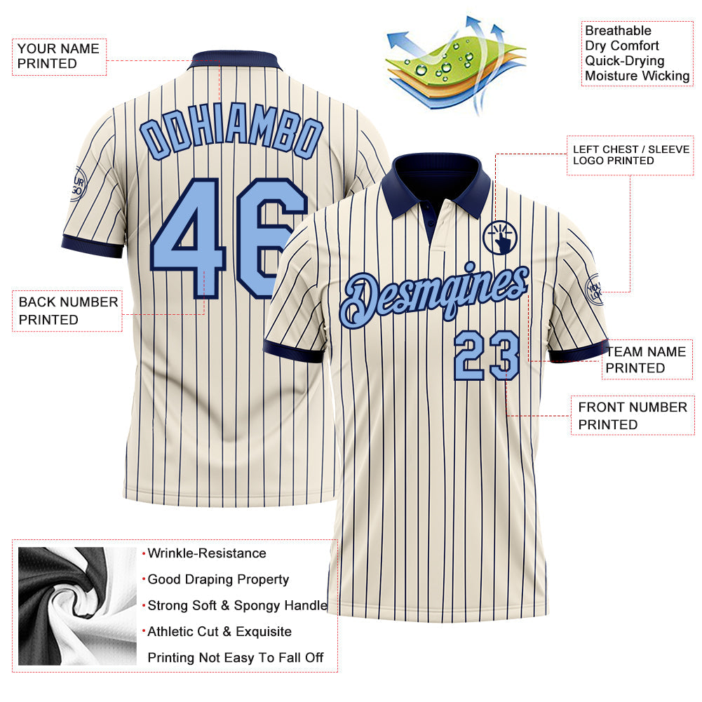 Custom Cream Navy Pinstripe-Light Blue Performance Polo Shirt