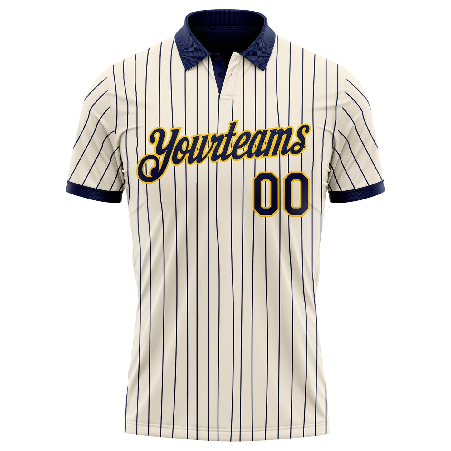 Custom Cream Navy Pinstripe-Yellow Performance Polo Shirt