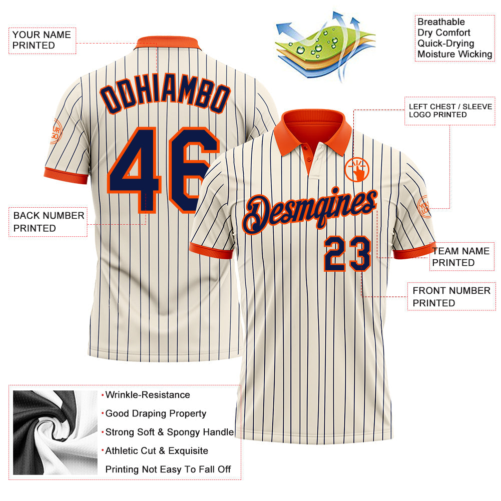Custom Cream Navy Pinstripe-Orange Performance Polo Shirt