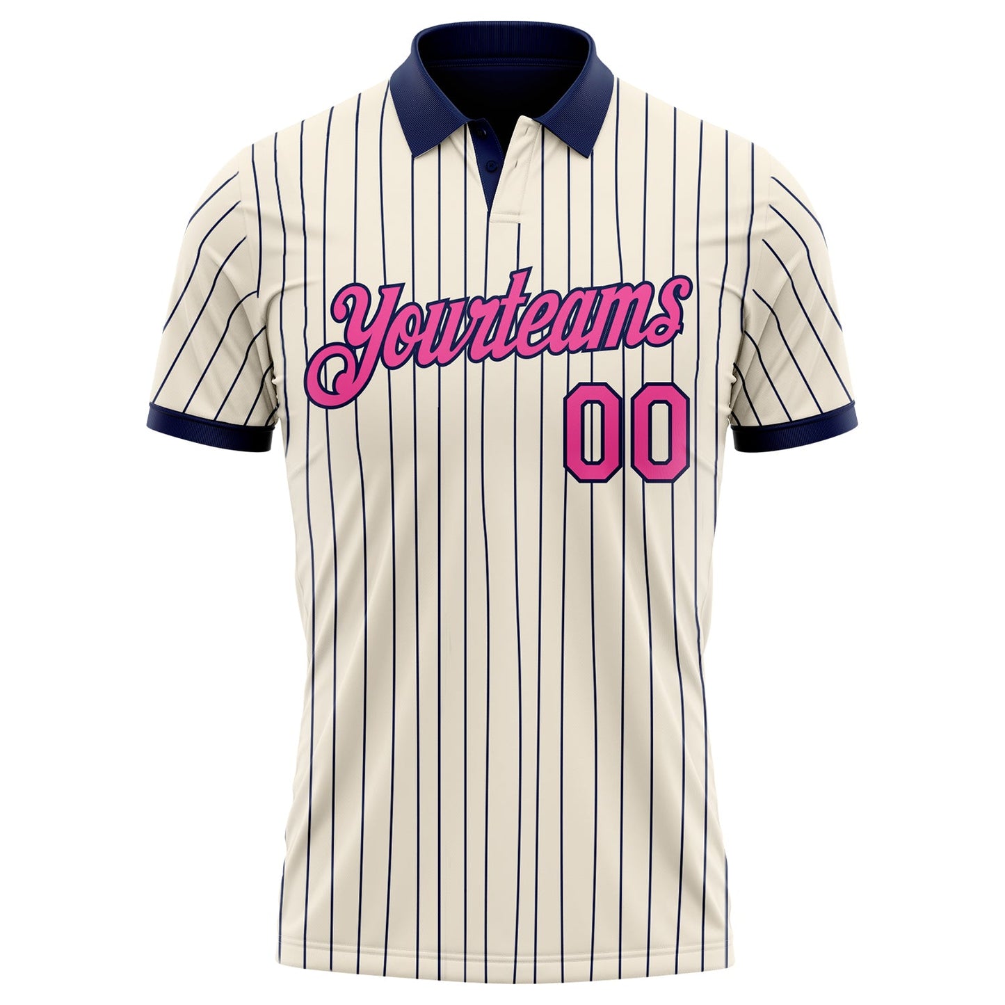 Custom Cream Navy Pinstripe-Pink Performance Polo Shirt