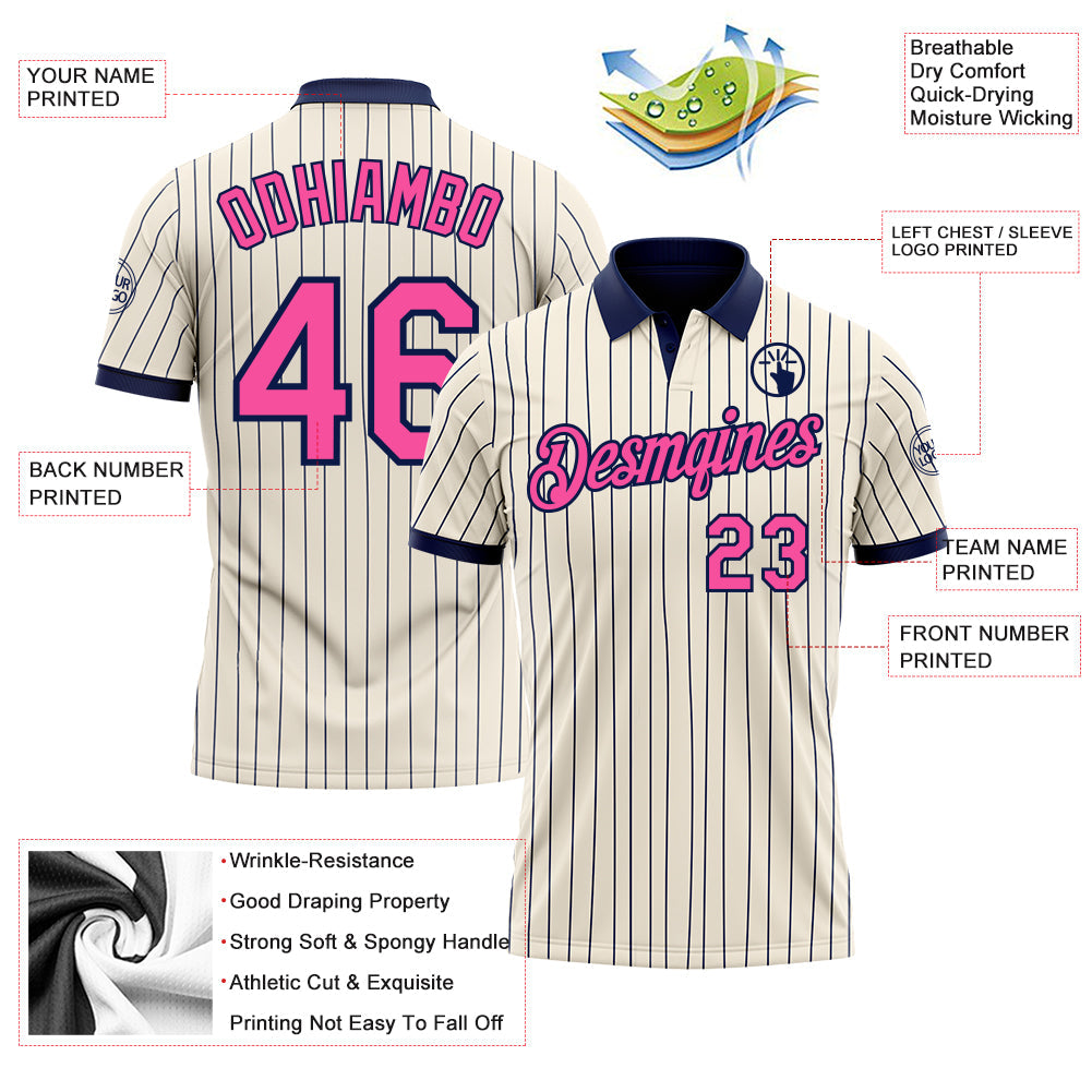 Custom Cream Navy Pinstripe-Pink Performance Polo Shirt