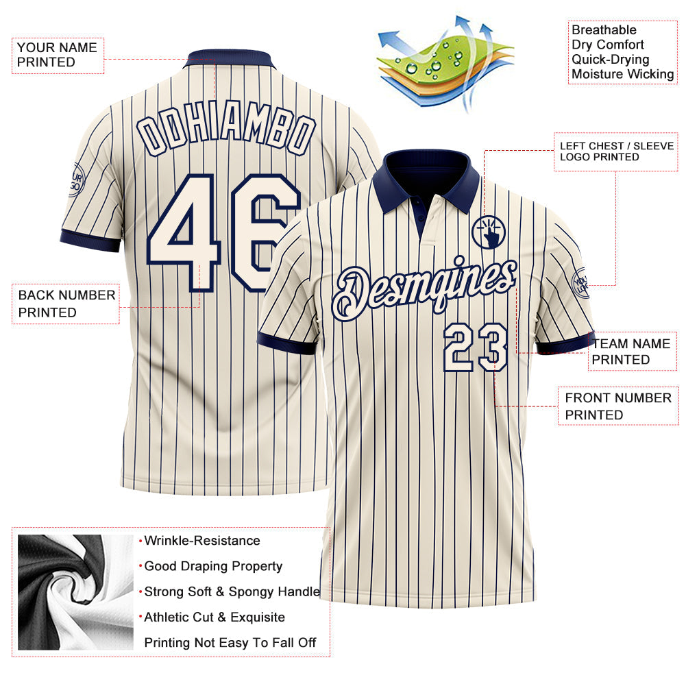 Custom Cream Navy Pinstripe-Navy Performance Polo Shirt