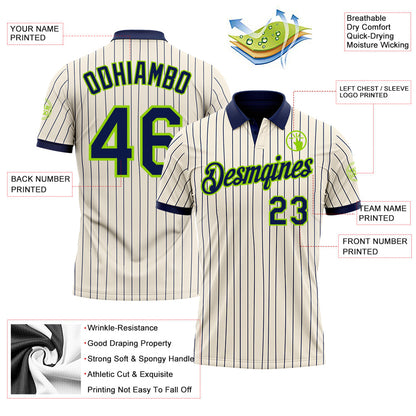 Custom Cream Navy Pinstripe-Neon Green Performance Polo Shirt