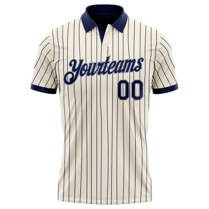 Custom Cream Navy Pinstripe-Gray Performance Polo Shirt