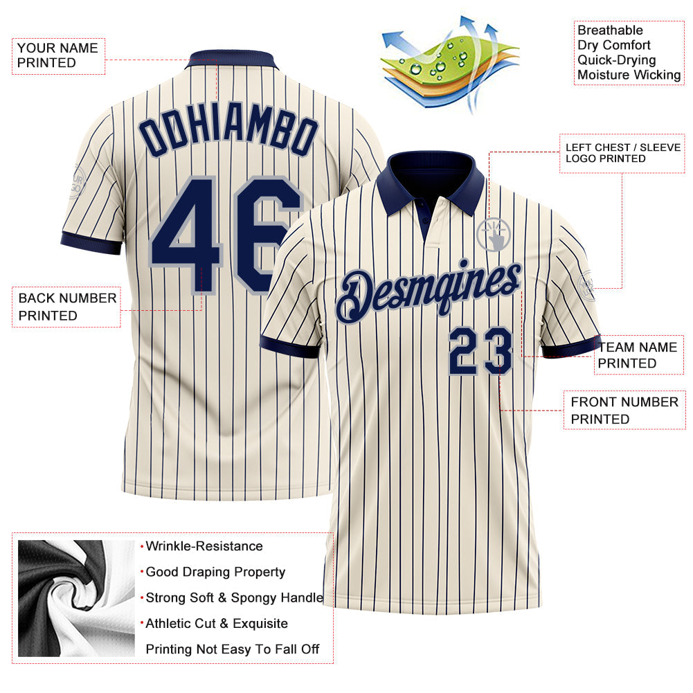 Custom Cream Navy Pinstripe-Gray Performance Polo Shirt