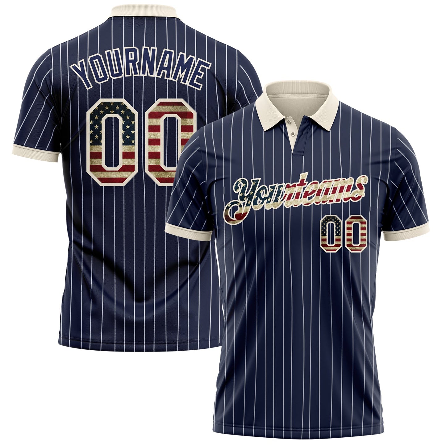 Custom Navy White Pinstripe Vintage USA Flag-Cream Patriotic Performance Polo Shirt