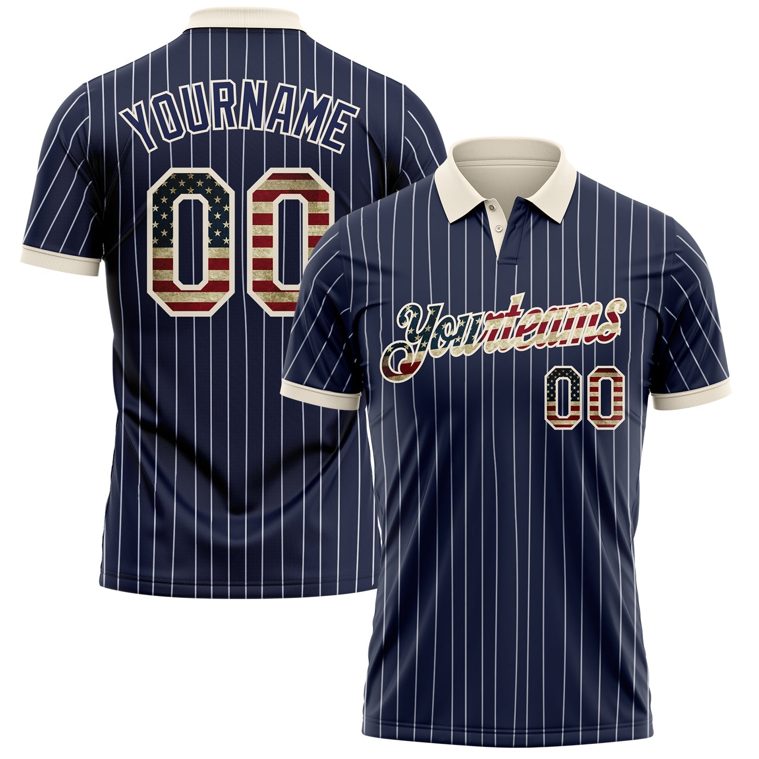 Custom Navy White Pinstripe Vintage USA Flag-Cream Patriotic Performance Polo Shirt