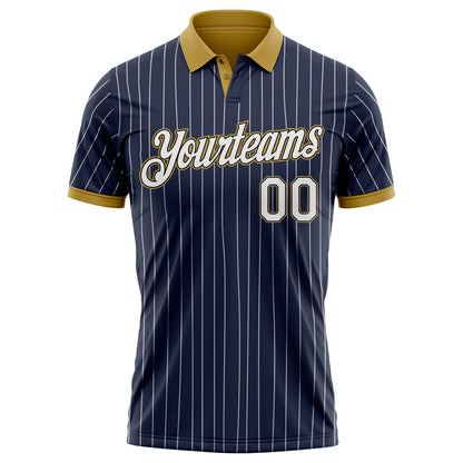 Custom Navy White Pinstripe-Old Gold Performance Polo Shirt