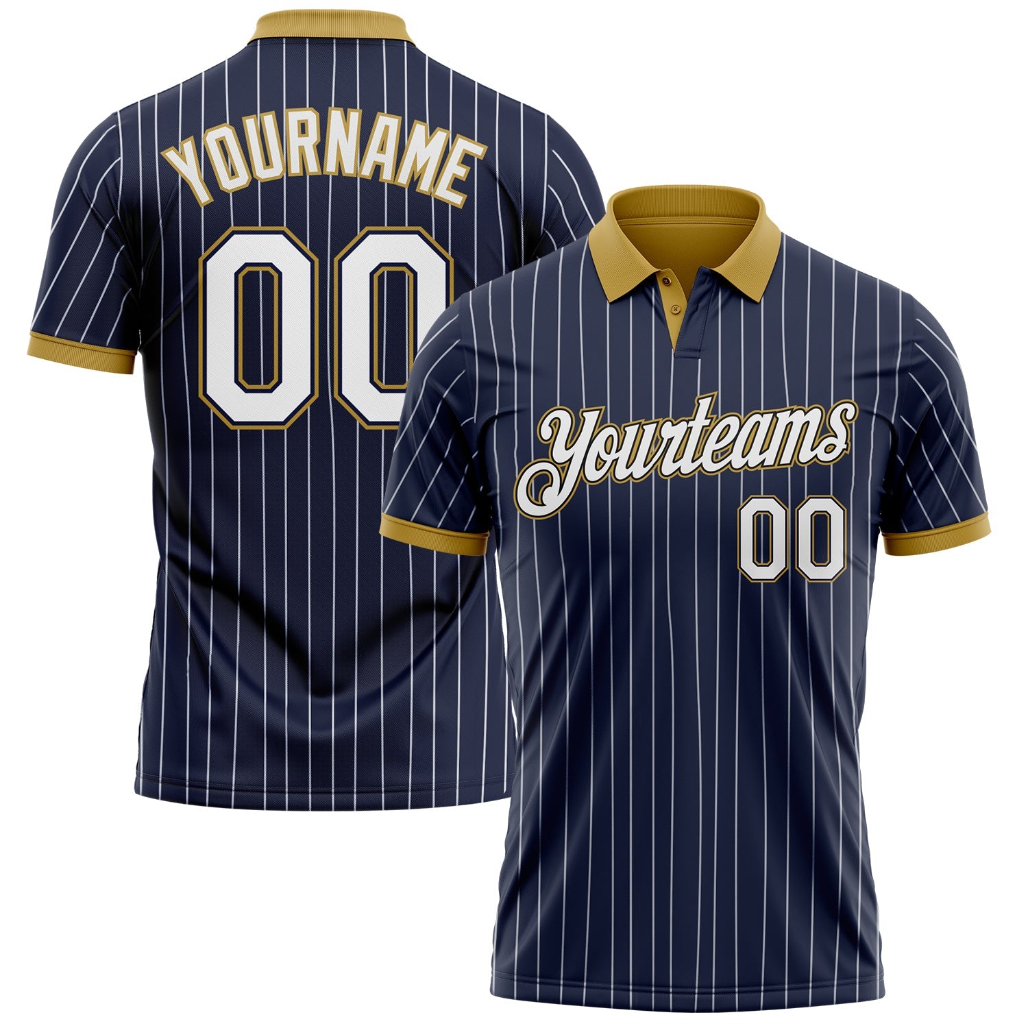 Custom Navy White Pinstripe-Old Gold Performance Polo Shirt