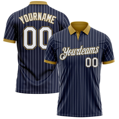 Custom Navy White Pinstripe-Old Gold Performance Polo Shirt