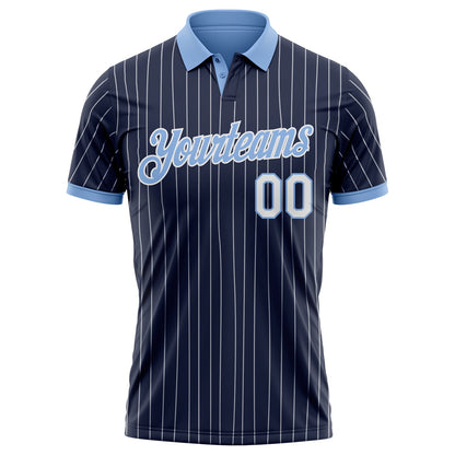Custom Navy White Pinstripe-Light Blue Performance Polo Shirt