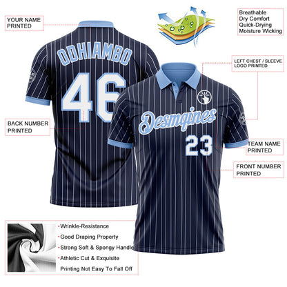 Custom Navy White Pinstripe-Light Blue Performance Polo Shirt