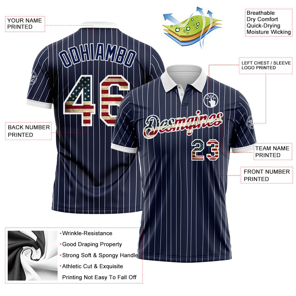 Custom Navy White Pinstripe-Vintage USA Flag Performance Polo Shirt