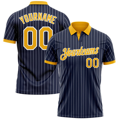Custom Navy White Pinstripe-Gold Performance Polo Shirt