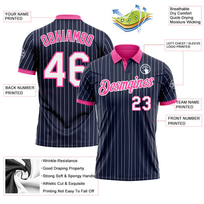Custom Navy White Pinstripe-Pink Performance Polo Shirt