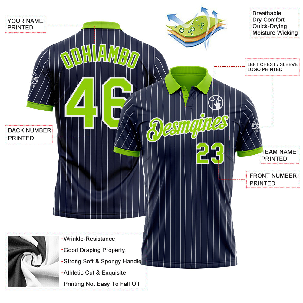 Custom Navy White Pinstripe-Neon Green Performance Polo Shirt