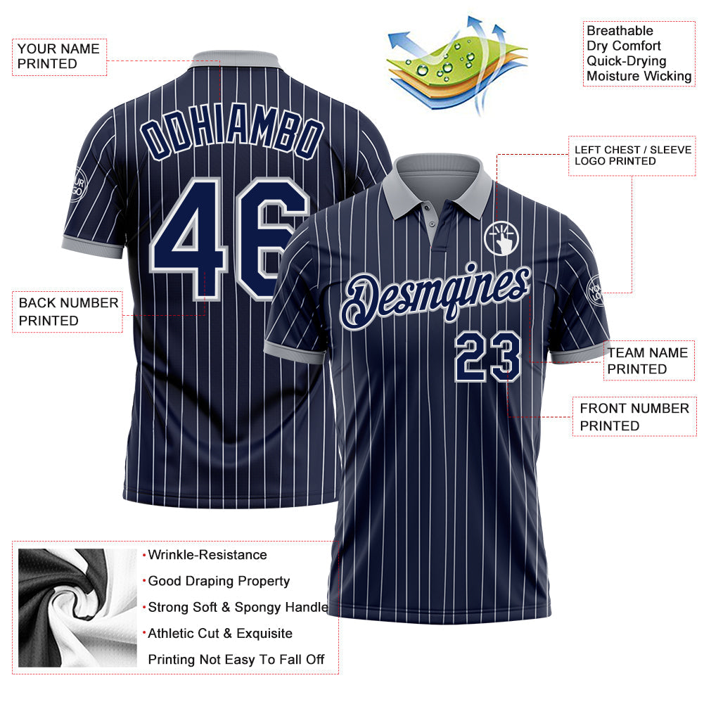 Custom Navy White Pinstripe-Gray Performance Polo Shirt