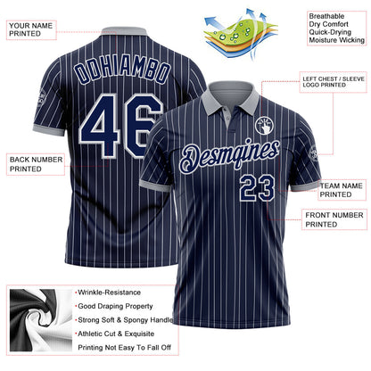 Custom Navy White Pinstripe-Gray Performance Polo Shirt