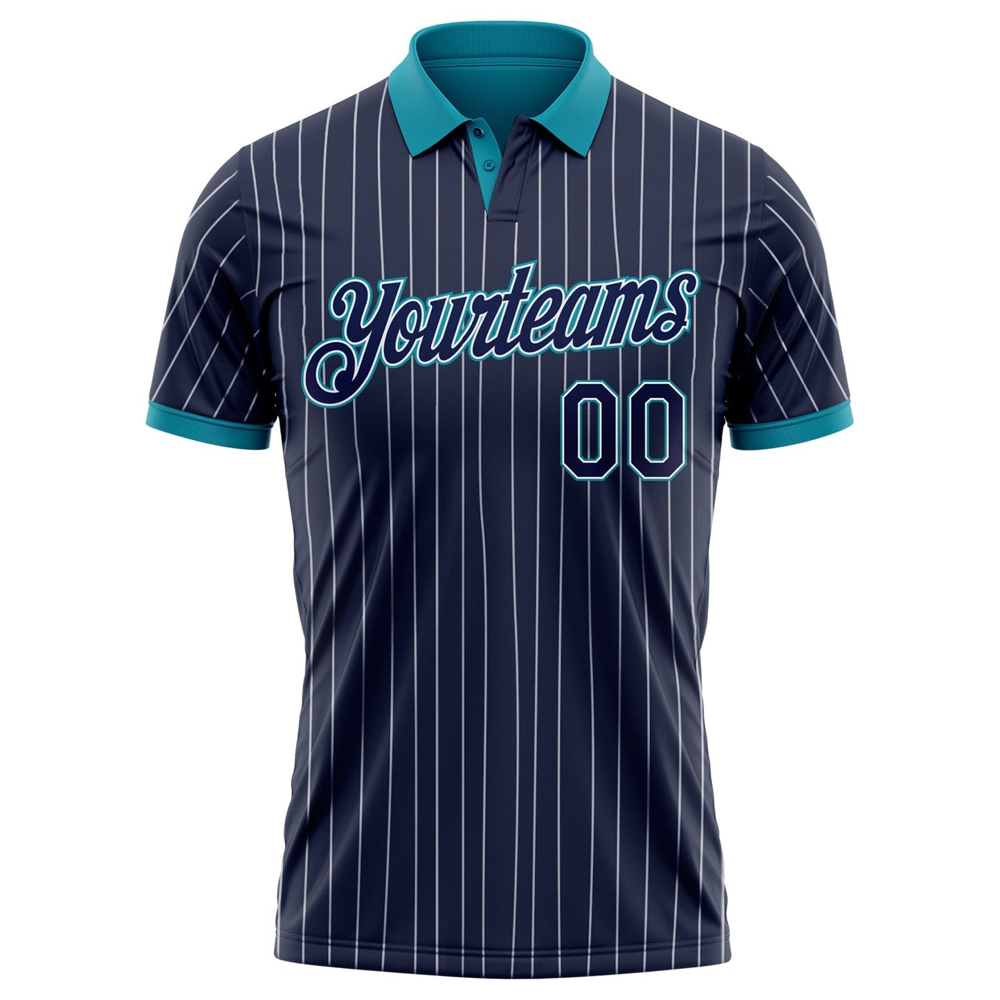 Custom Navy White Pinstripe-Teal Performance Polo Shirt
