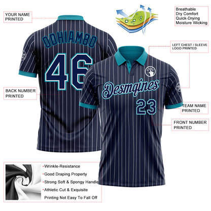 Custom Navy White Pinstripe-Teal Performance Polo Shirt