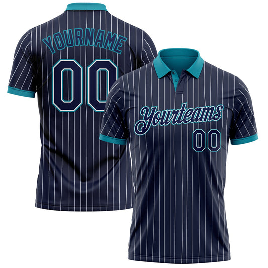 Custom Navy White Pinstripe-Teal Performance Polo Shirt